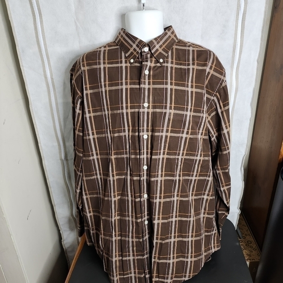 Turnbury Made in Hong Kong Plaid Long Sleeve Button Down Shirt Men's XL Brown - Picture 1 of 10